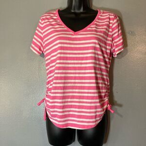 Bobbie Brooks pink & white striped drawstring sides tshirt